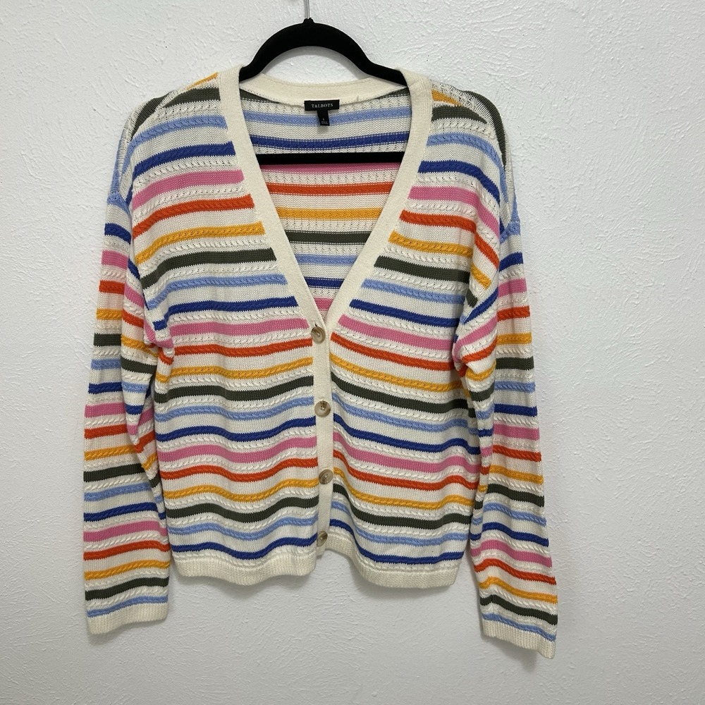 Talbots Lightweight Rainbow Striped Button up Cardigan 100% Cotton Sz L Colorful